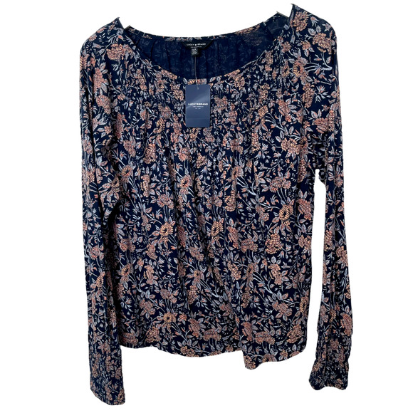 Lucky Brand Tops - Lucky Brand Floral Boat Neck Smocked Long Sleeve Blouse Navy, Large